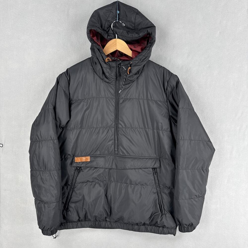 KAVU Jacket Mens Large Black Hooded Anorak 1/4 Zip Insulated Puffer Puff N Stuff